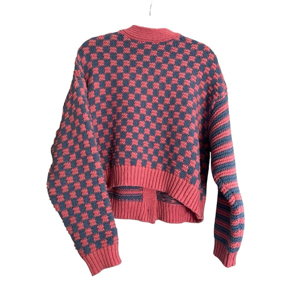 ButterMelon Cropped Checkered Striped Blue and Pink Cardigan - Picture 2 of 2